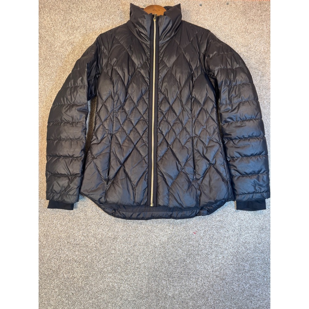 Athleta Women Black Diamond Quilted Goose Down Puffer Jacket Small Gold Zip